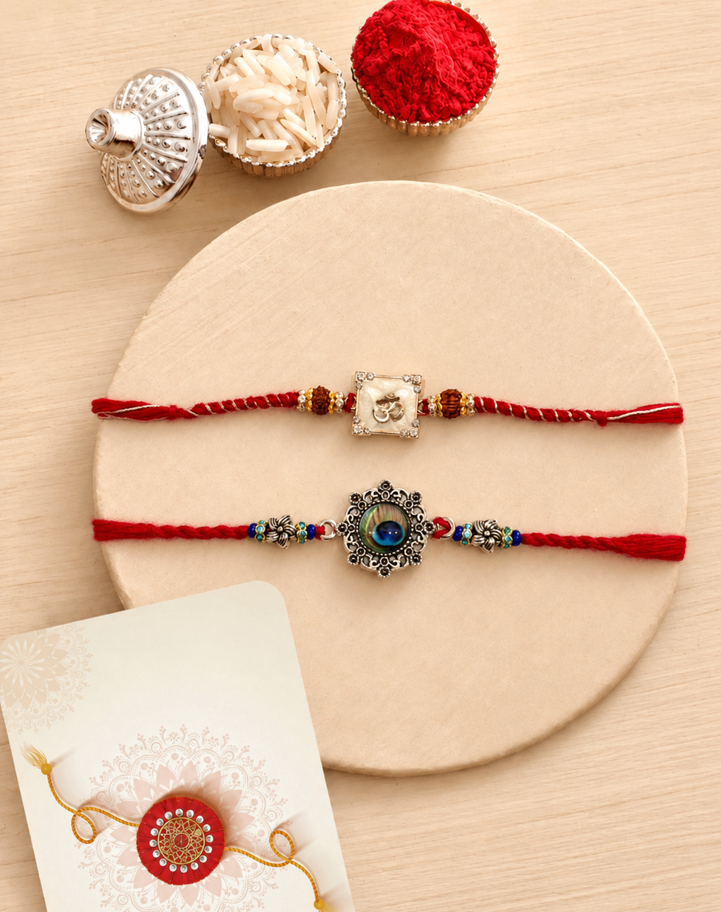 Om Pearl Morpankh Rakhi Set