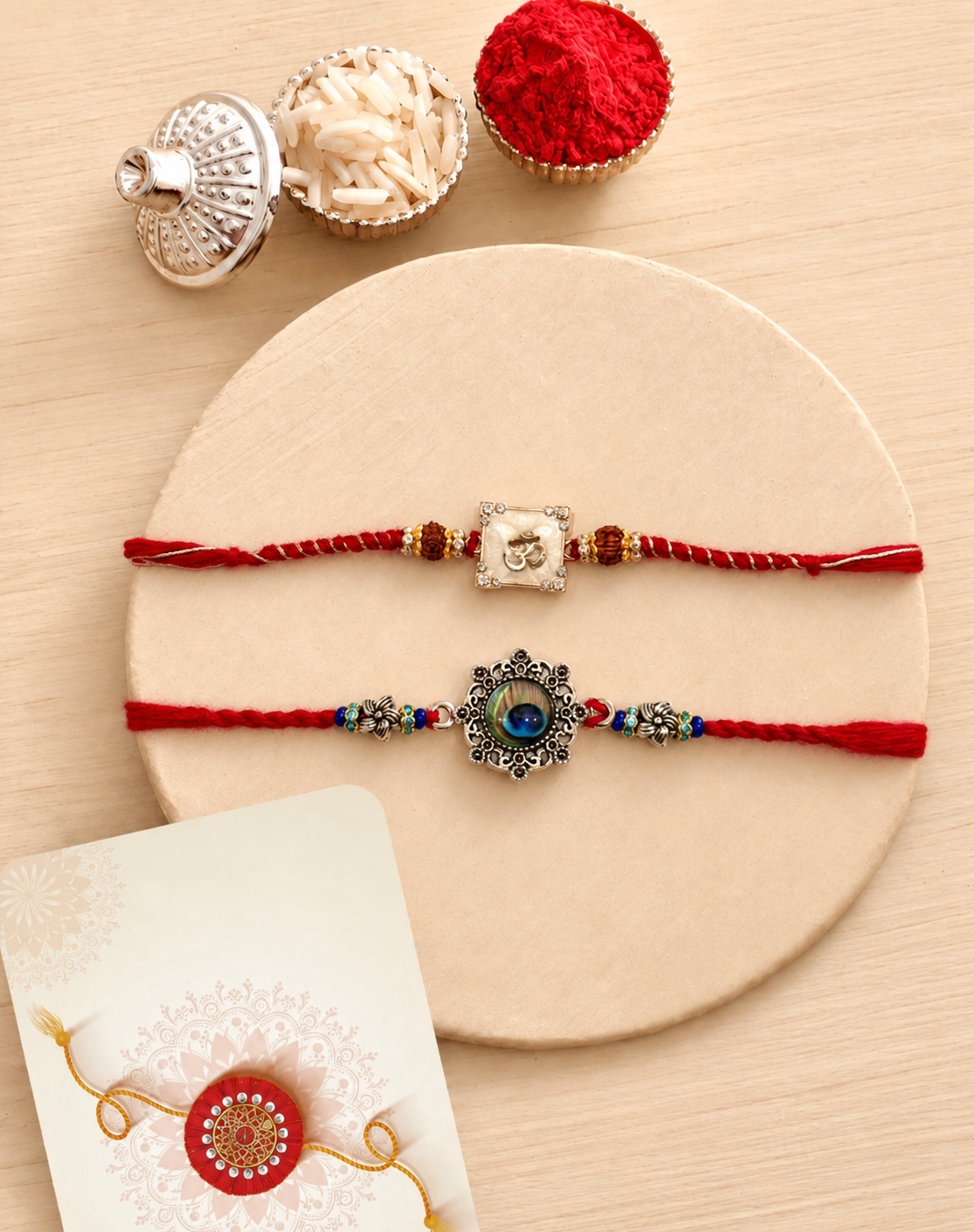 Om Pearl Morpankh Rakhi Set