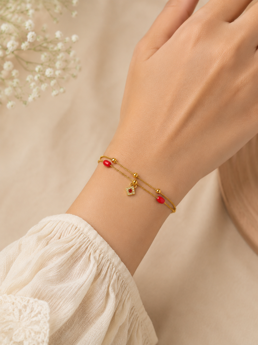 Red Charm Gold plated Bhabhi Rakhi Braclet