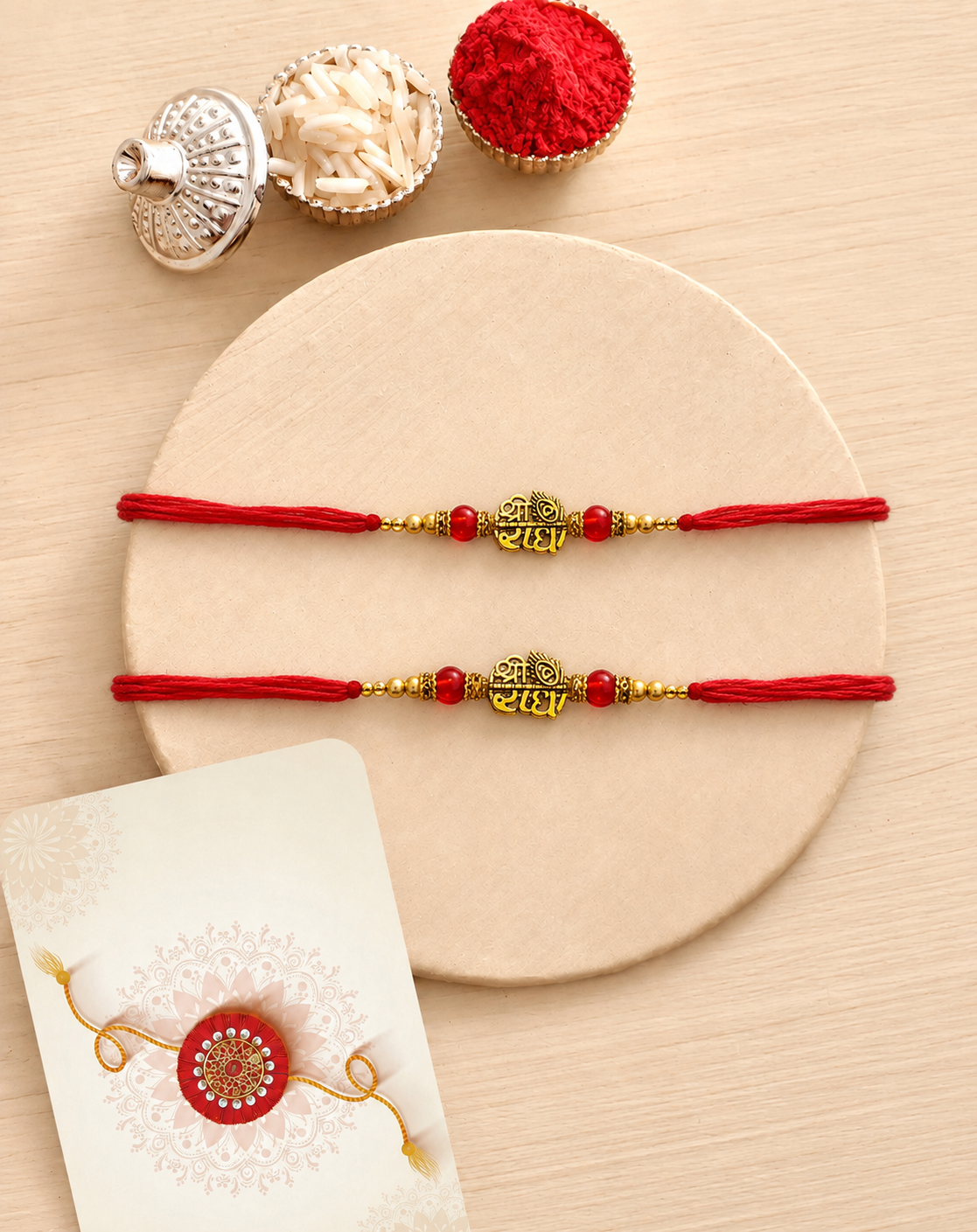 Shree Radha Gold Finish Rakhi Combo