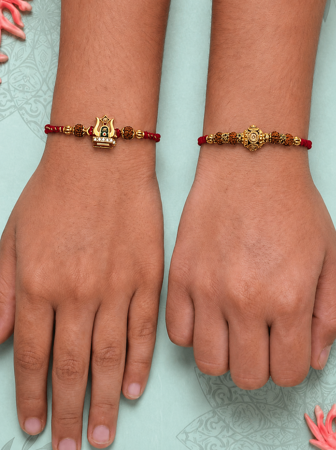 Shivling Gold Bead Rakhi Pair
